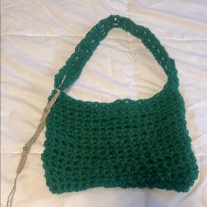 Wellness Emerald Green Crochet Shoulder Bag with Natural Jute Accessory 🌿